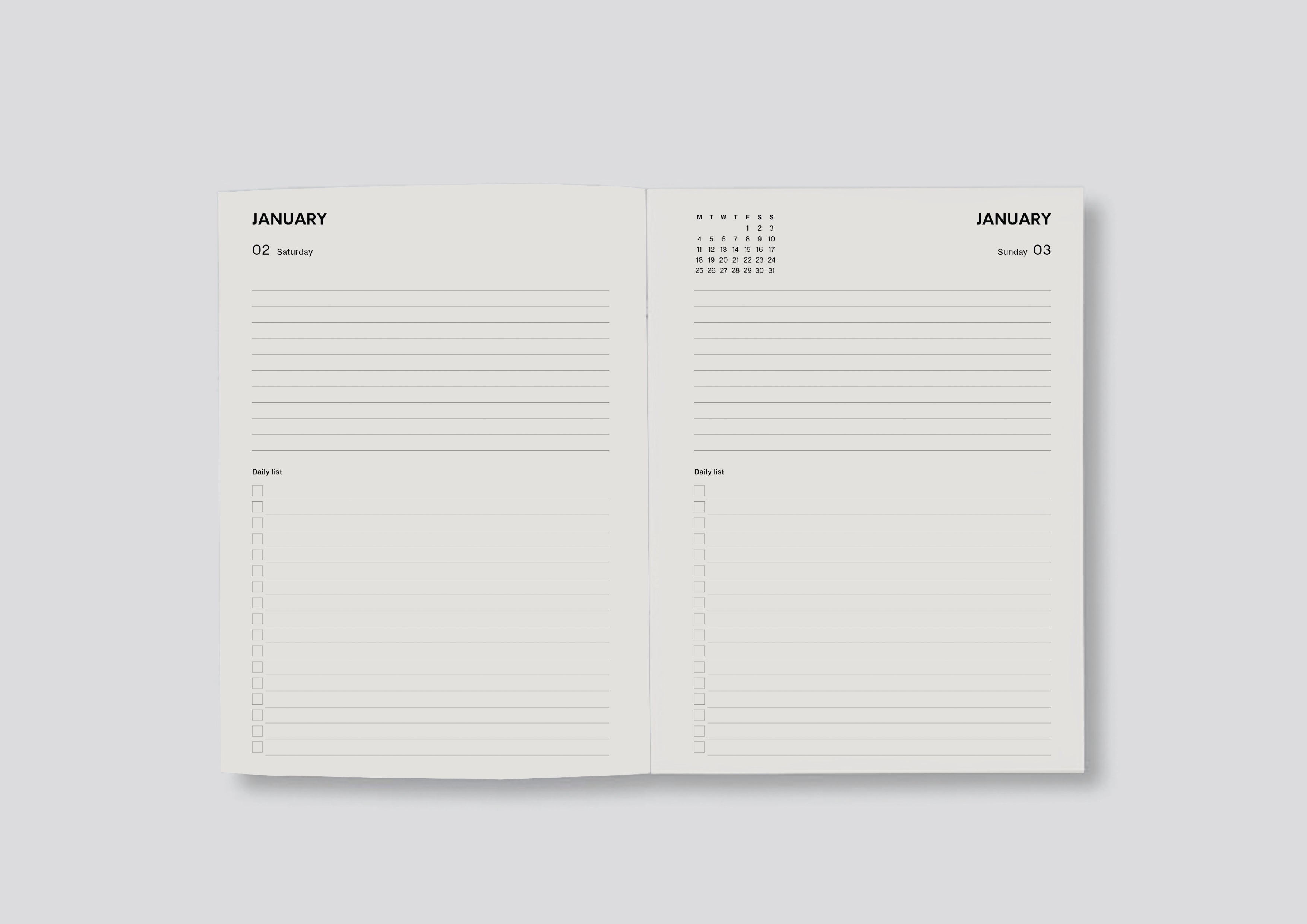 Open Diary showing Daily page Layout Lettuce 2027
