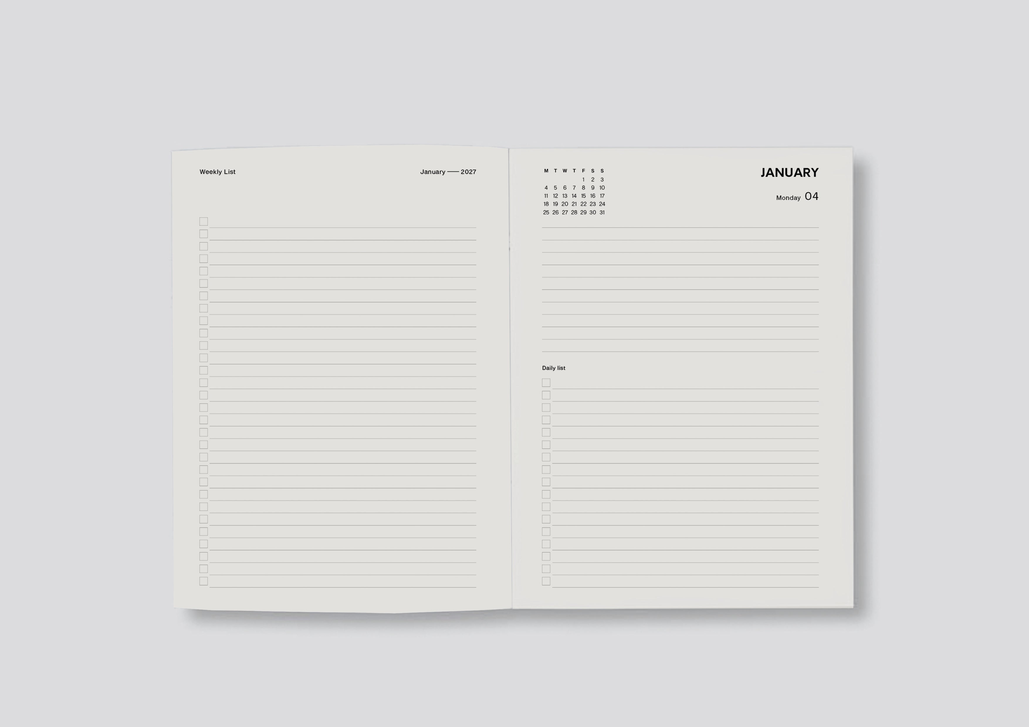 Open Diary showing Daily page Layout Lettuce 2027