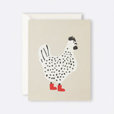 Greeting card featuring an illustrated rooster wearing red boots