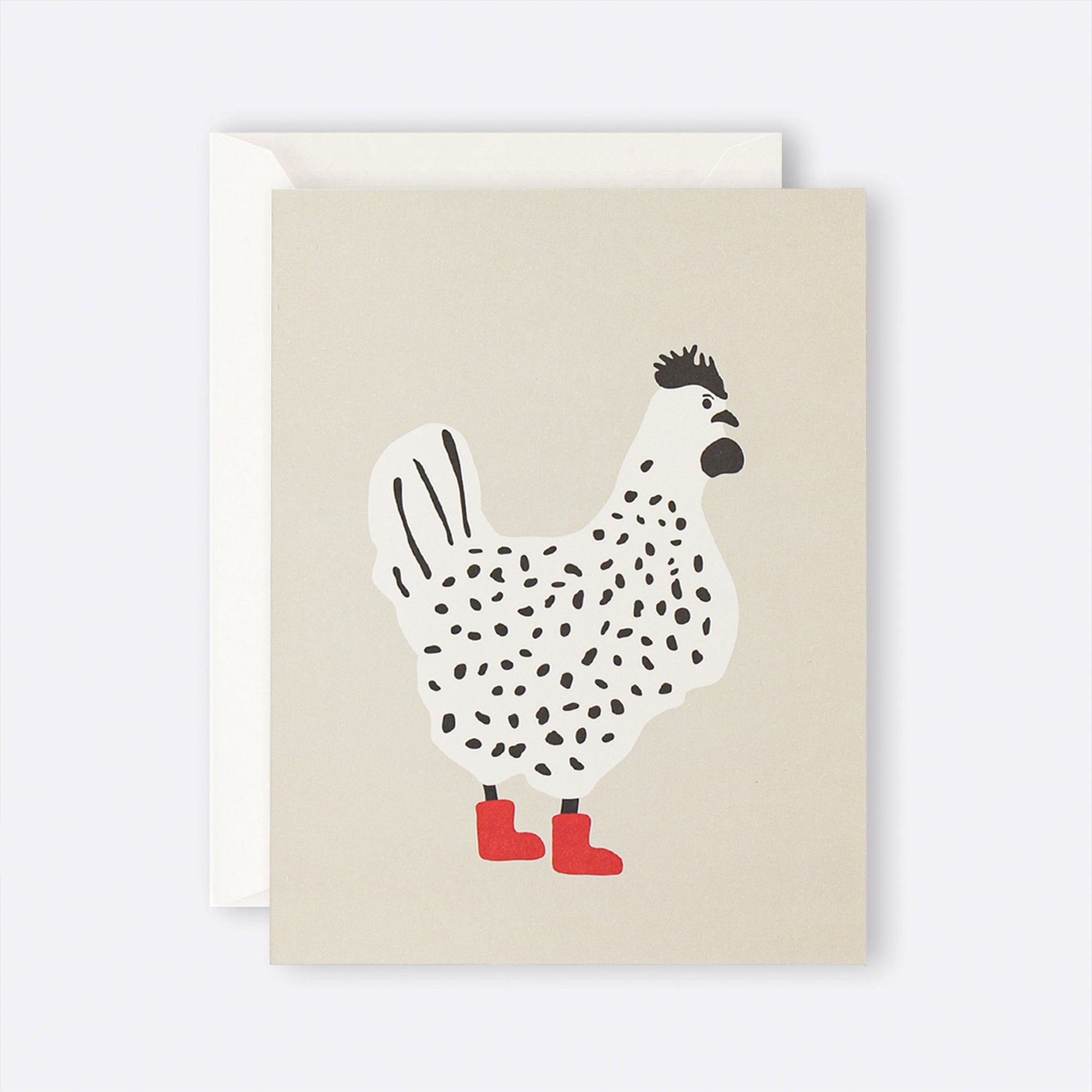 Greeting card featuring an illustrated rooster wearing red boots