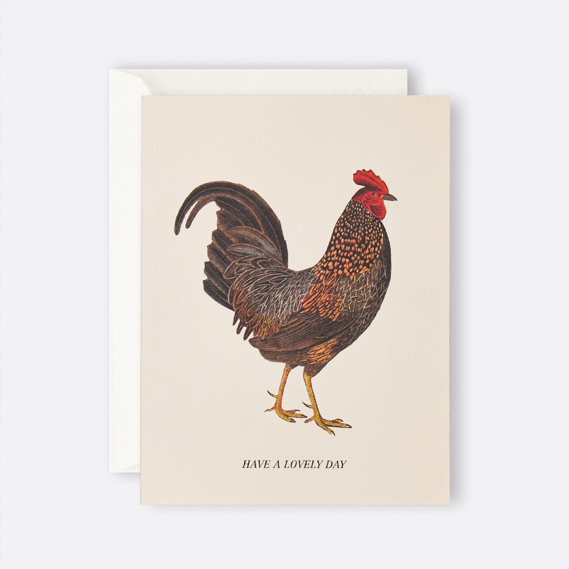 Greeting card featuring an illustrated rooster with Have A Lovely Day message