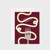 Greeting card featuring an illustrated bowl of birthday spaghetti