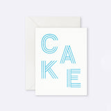 Greeting card featuring birthday cake and colourful stripe lettering