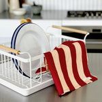 Lettuce Bold Stripe Peach and Burgundy 100% linen tea towel featuring striped linen design
