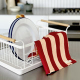 Lettuce Bold Stripe Peach and Burgundy 100% linen tea towel featuring striped linen design