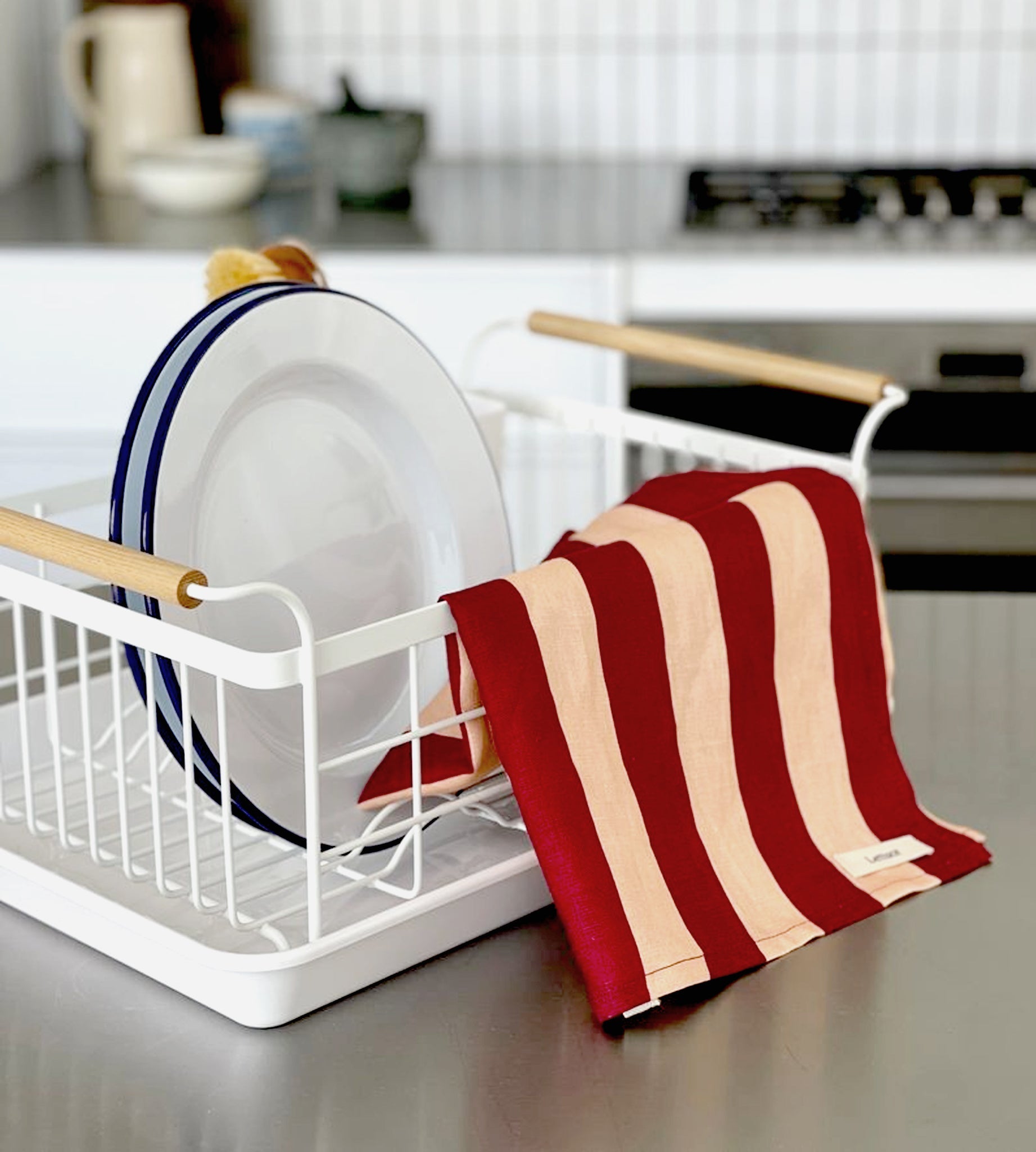 Lettuce Bold Stripe Peach and Burgundy 100% linen tea towel featuring striped linen design